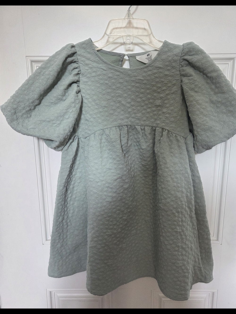 H&M Sage Green Textured Puff Sleeve Dress